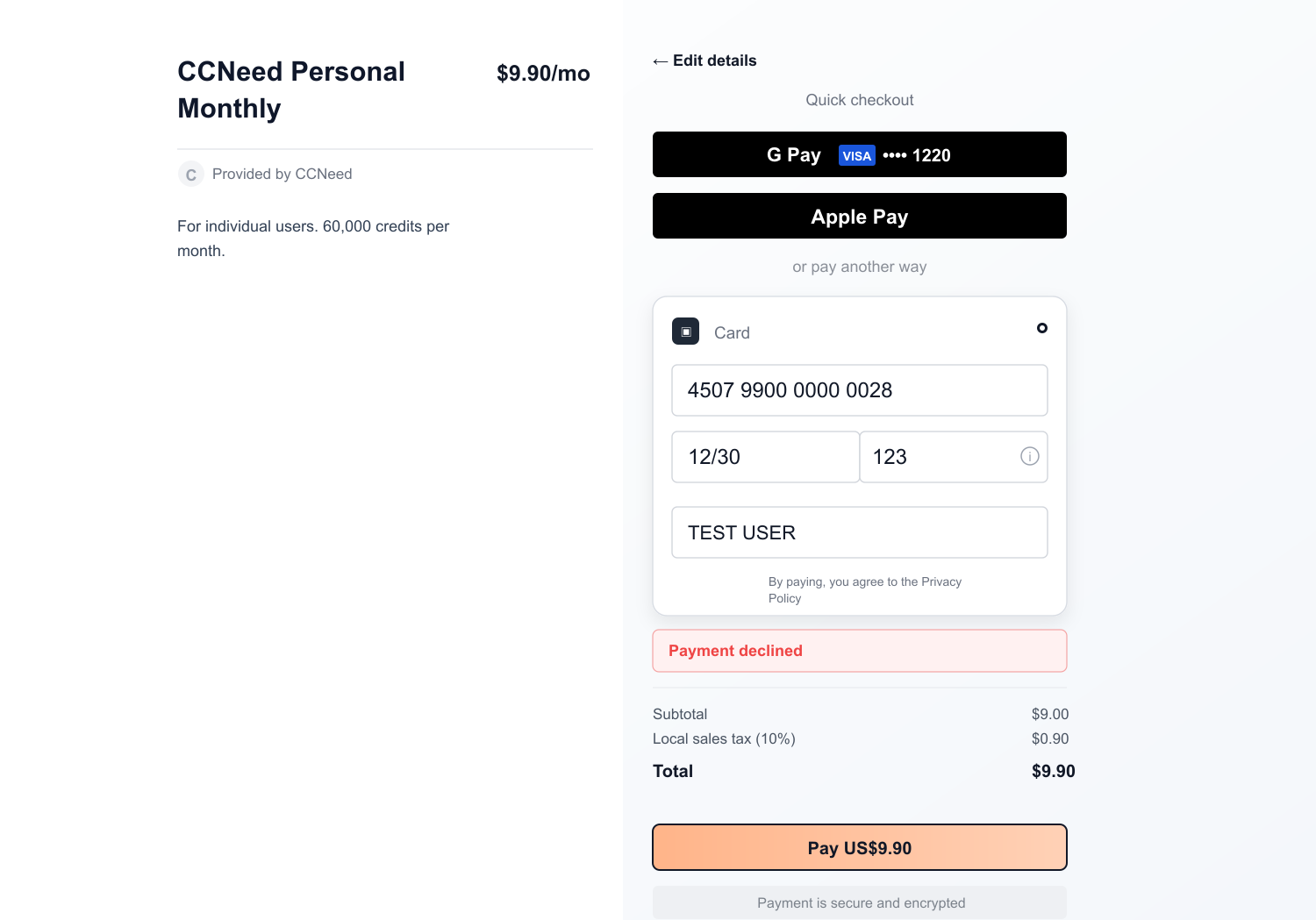Example of a CCNeed subscription payment failure page