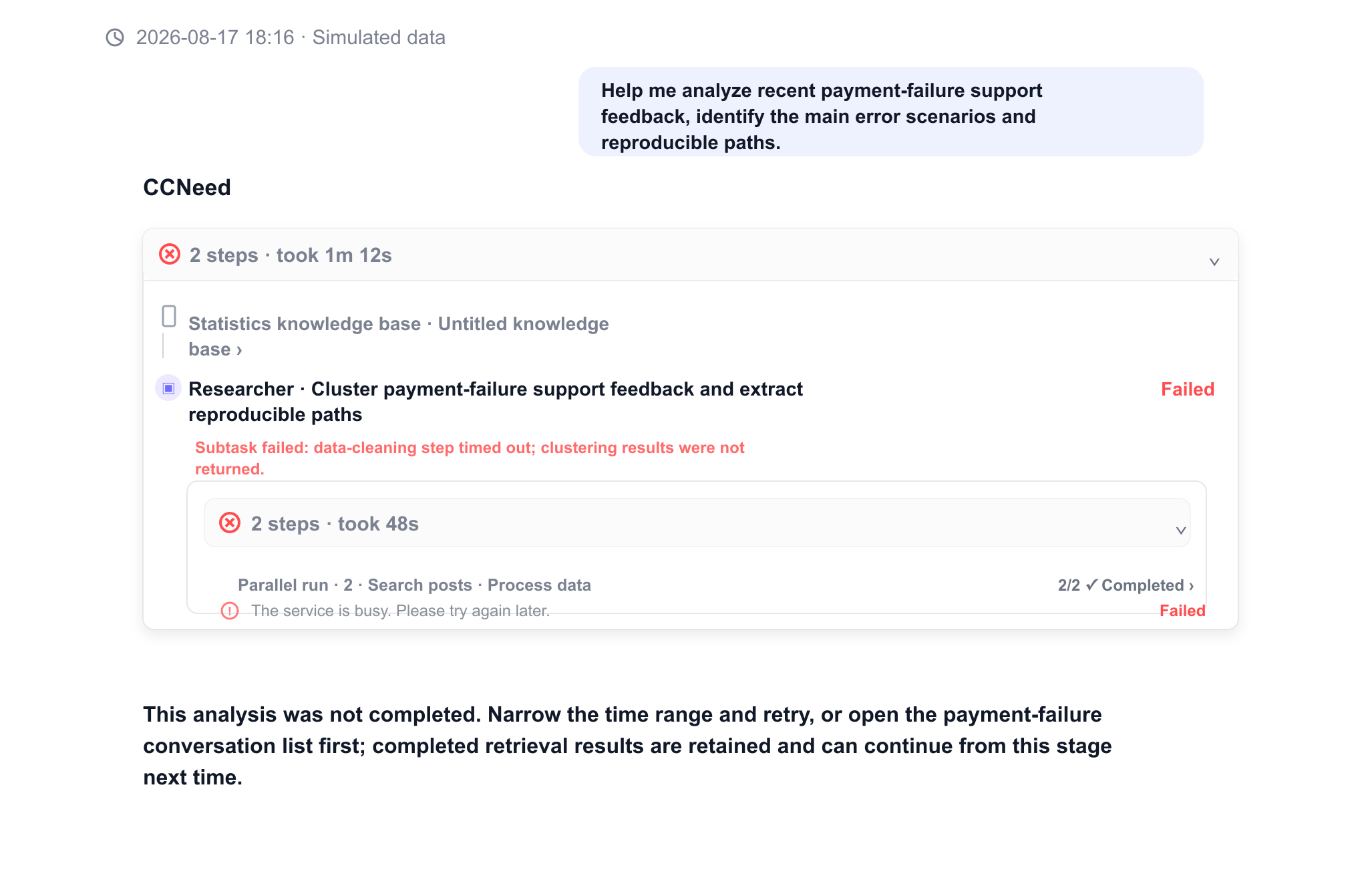 Example of a CCNeed report and conversation troubleshooting page